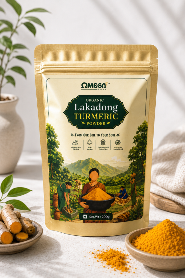 Omega Farms Organic Lakadong Turmeric Powder, 200g | High Curcumin | Meghalaya Origin | Sun-Dried | Gold Grade | Natural Immunity Booster